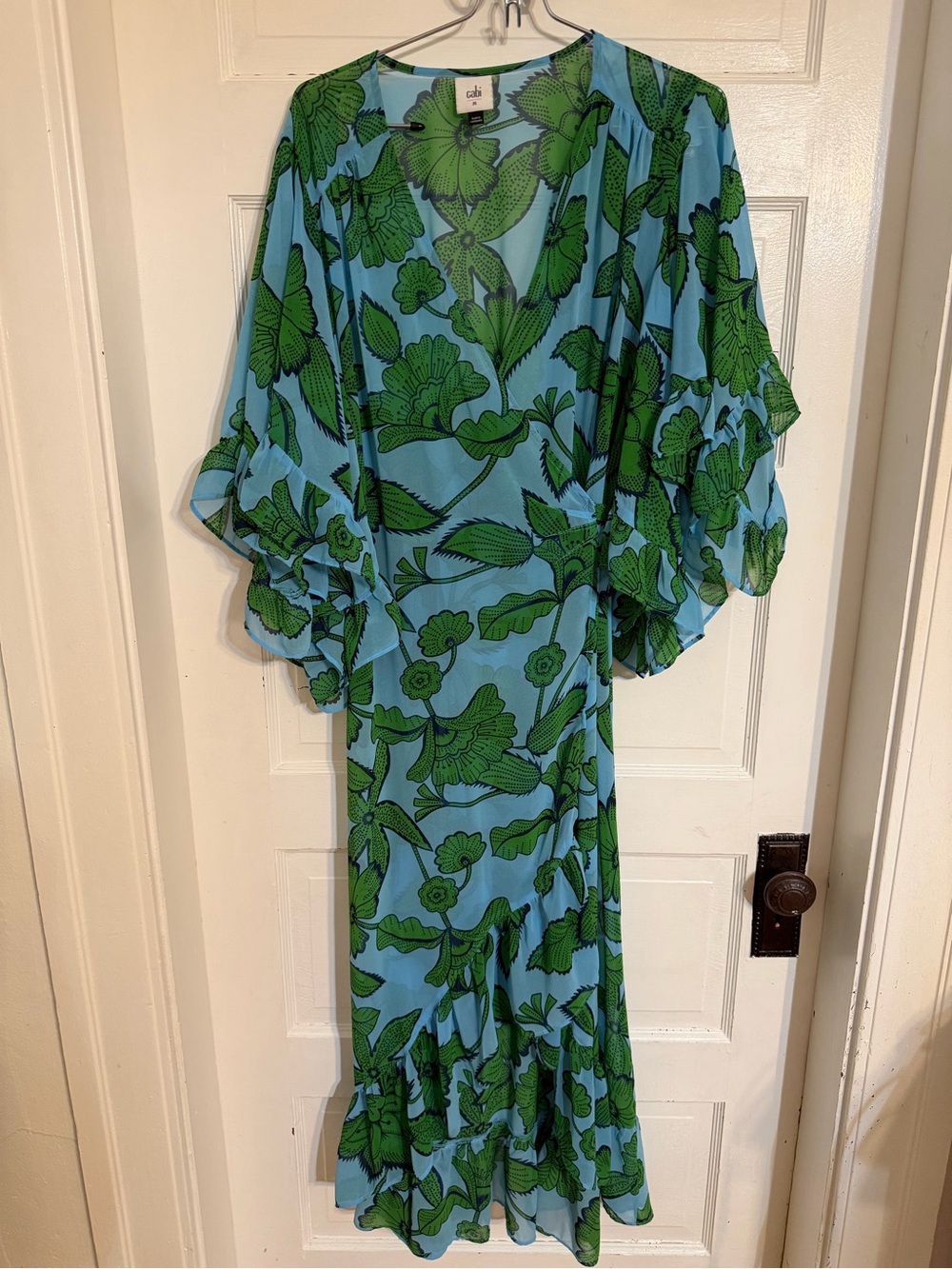 CAbi Sky Blue & Kelly Green Floral Wrap Dress - Picture 2 of 7